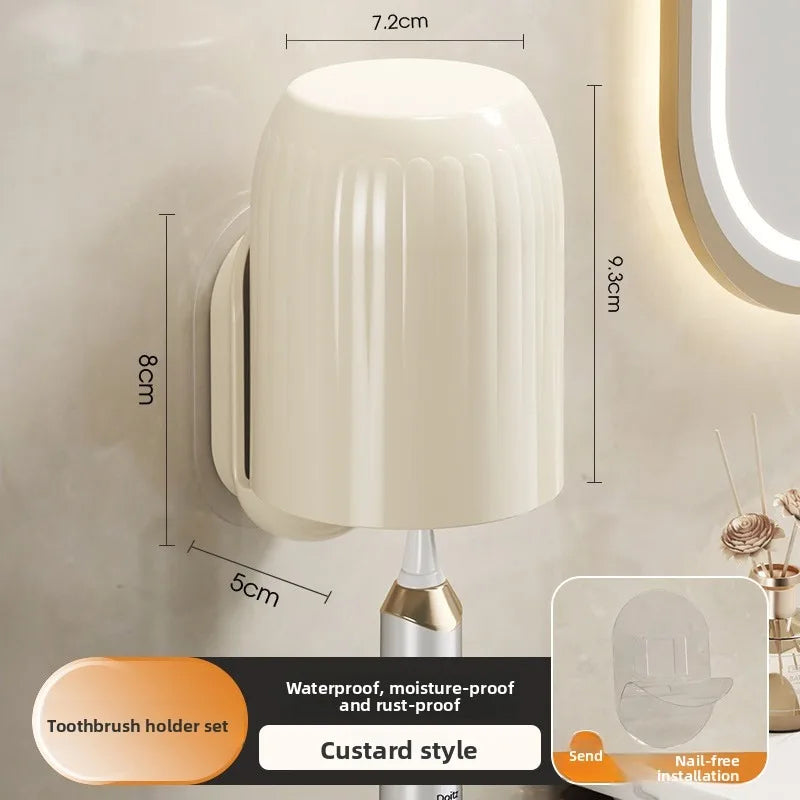 Toothbrush Storage Rack wall Mounted Drain and Wash set Independent Single cup Mouthwash cup Storage rack Vue beige