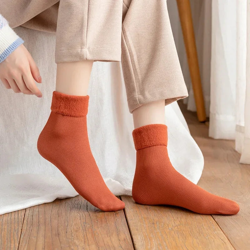 1-10Pairs Winter Solid Color Mid Calf Ribbed Snow Socks Japanese Stackable Warm Thick Fleece Lined Thermal Floor Socks for Home Vue