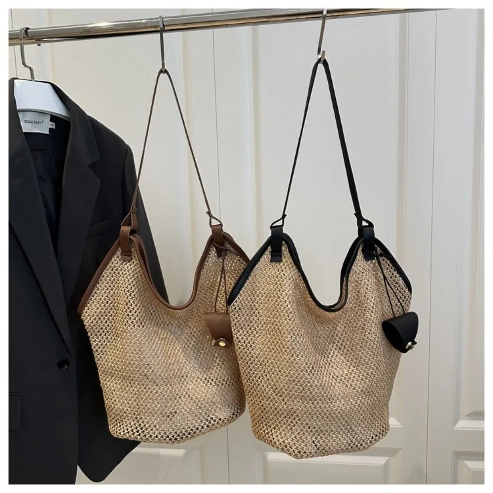 Summer Straw Woven Shoulder Bag Large Capacity Hollow Out Tote PU
