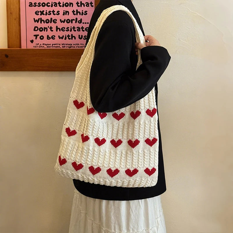 Knitted Love Pattern Tote Bag Stylish Woven Handbag Shoulder Women
