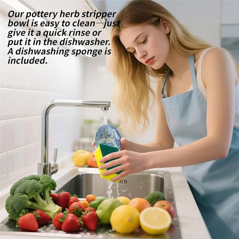 ABKW-Herb Stripper Bowl, Pottery Herb Stripping Tool, Kitchen Efficient Leaf Removal Tool, Herb Stripper Vue