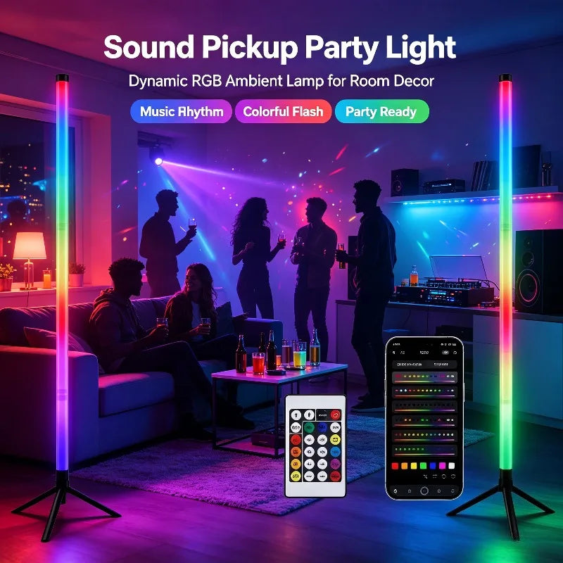 2PCS 120CM RGB Floor Lamp, Sound Reactive LED Corner Light Bar, Ambient Lighting for Gaming Room Bedroom E-Sports Setup Vue