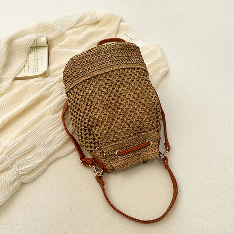 Ins Woven Straw Bucket Bag Women Summer Beach Crossbody Ladies Retro