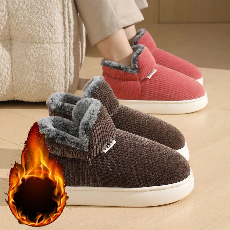 Unisex Winter Warm Cotton Slippers Thickened Anti Slip Sole Fleece Lined Closed Heel House Shoes for Indoor Bedroom Home Vue