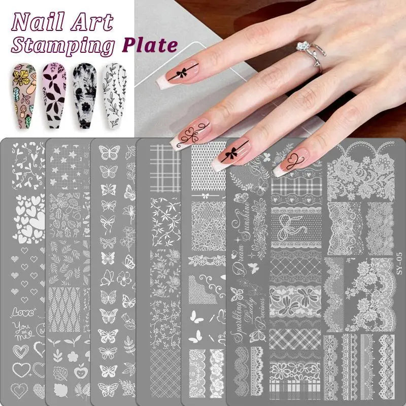 Reusable Precise Etched Nail Art Stencil Bow Flower Lace Plaid Transfer Template DIY Manicure Decor Tool Vue