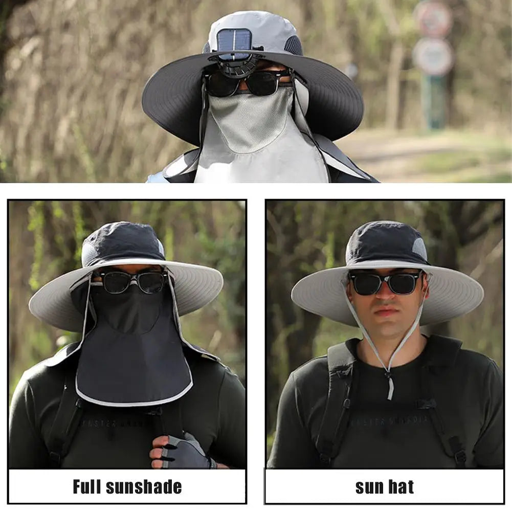 Solar USB Rechargeable Full Face Cover Mute Fan Summer Male Outdoor Fan Hat Big Edge Sun Hat Sunscreen Quick-drying Fishing Hat Vue