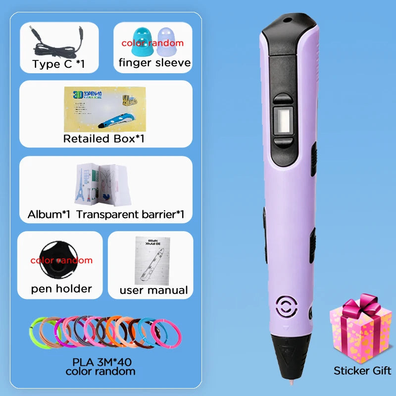 New 3D Printing Pen LCD Display Screen 1.75mm ABS / PLA Filament Kids DIY Drawing Pen Boy and Girls Christmas Birthday Gifts Vue Purple-120M PLA
