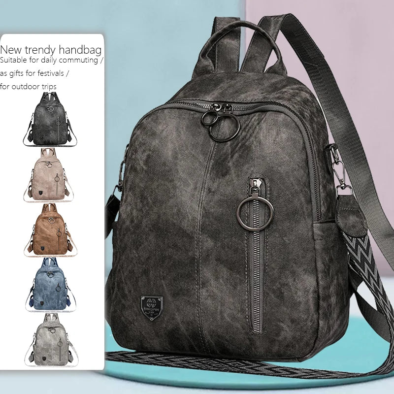 Vintage Washed Pu Leather Backpack Large Capacity Casual Daily Office