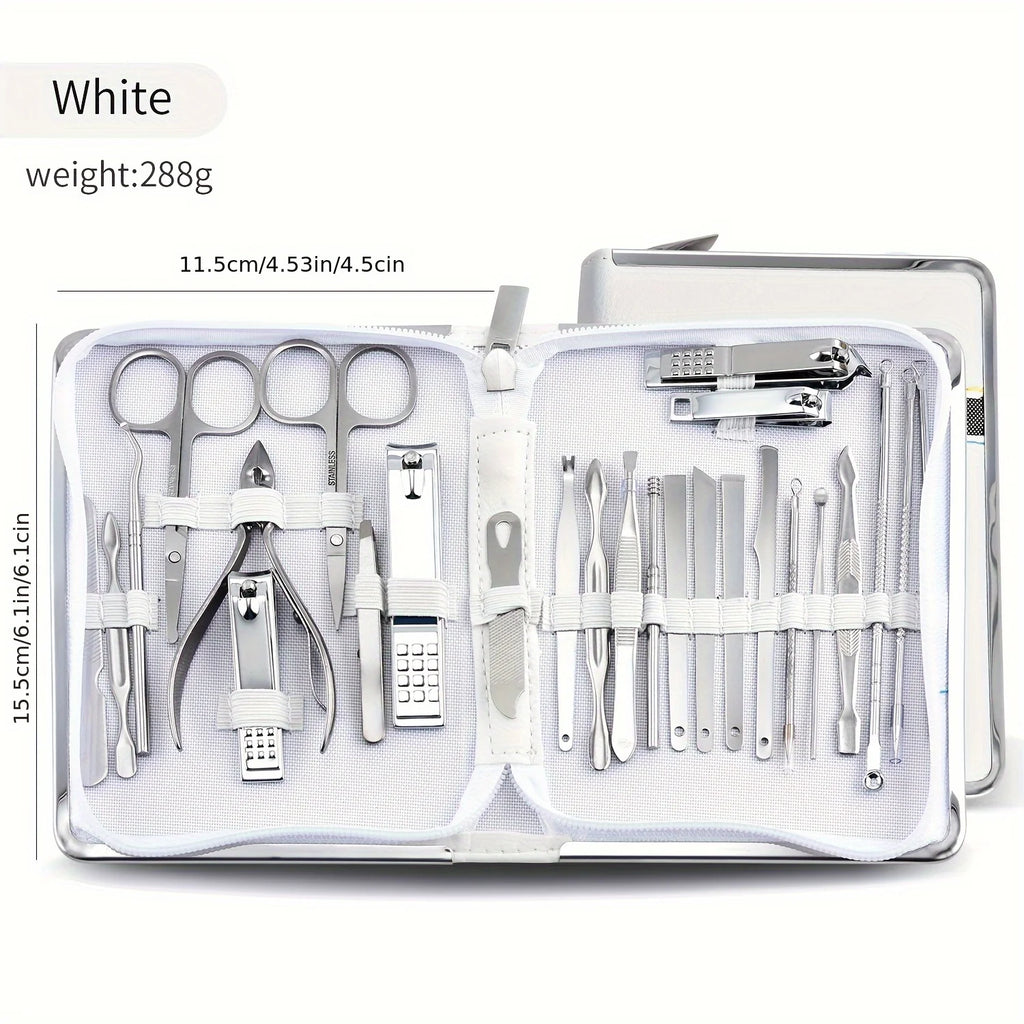 Professional Stainless Steel 26pcs Set Manicure & Pedicure Kit Precision Nail Care with Travel Case with Nail Clipper Scissor Vue White 26pcs