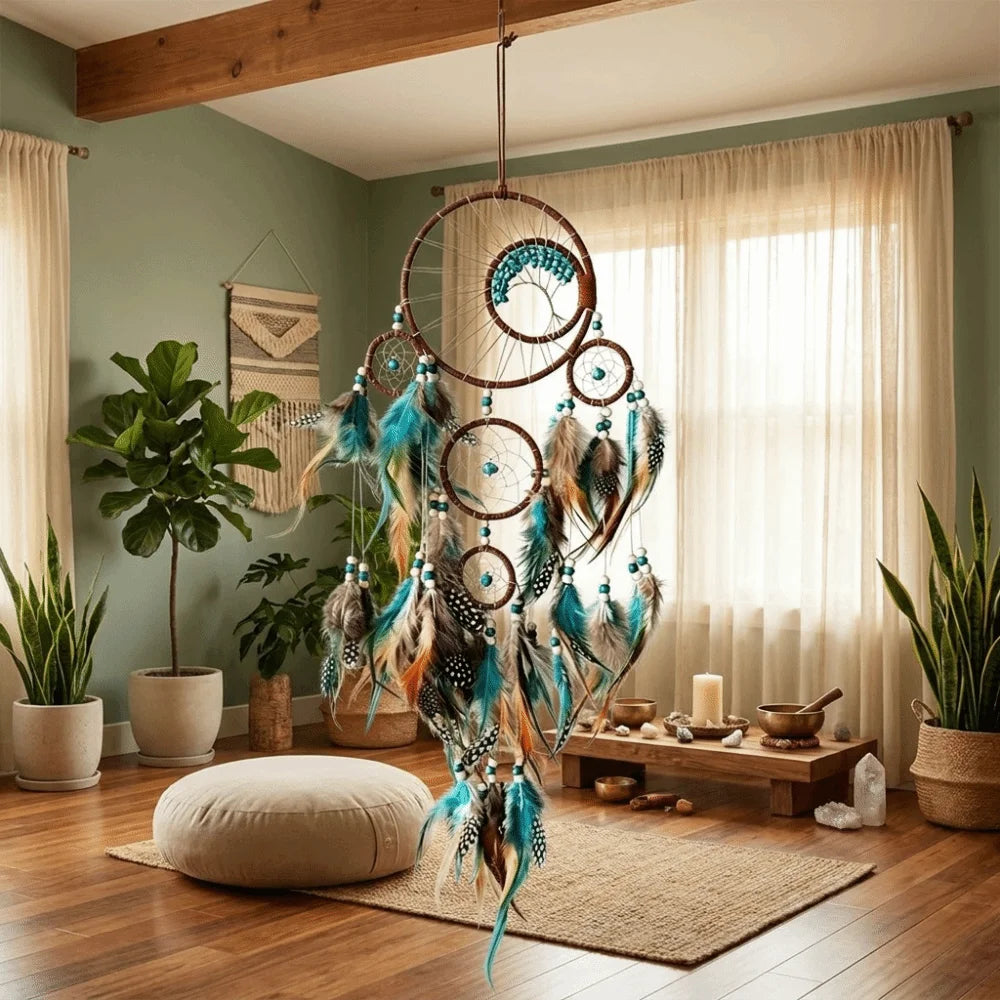 Hanging Pendant Boho Style Vintage Dream Catcher Handmade Decorative Vintage Wind Chime with Feather Hanging Ornament Home Vue