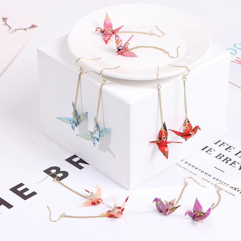 1 Pair Red Blings Bird Cranes Paper Earrings Romantic Crane Pendant Trendy Jewelry For Women Accessories Vue