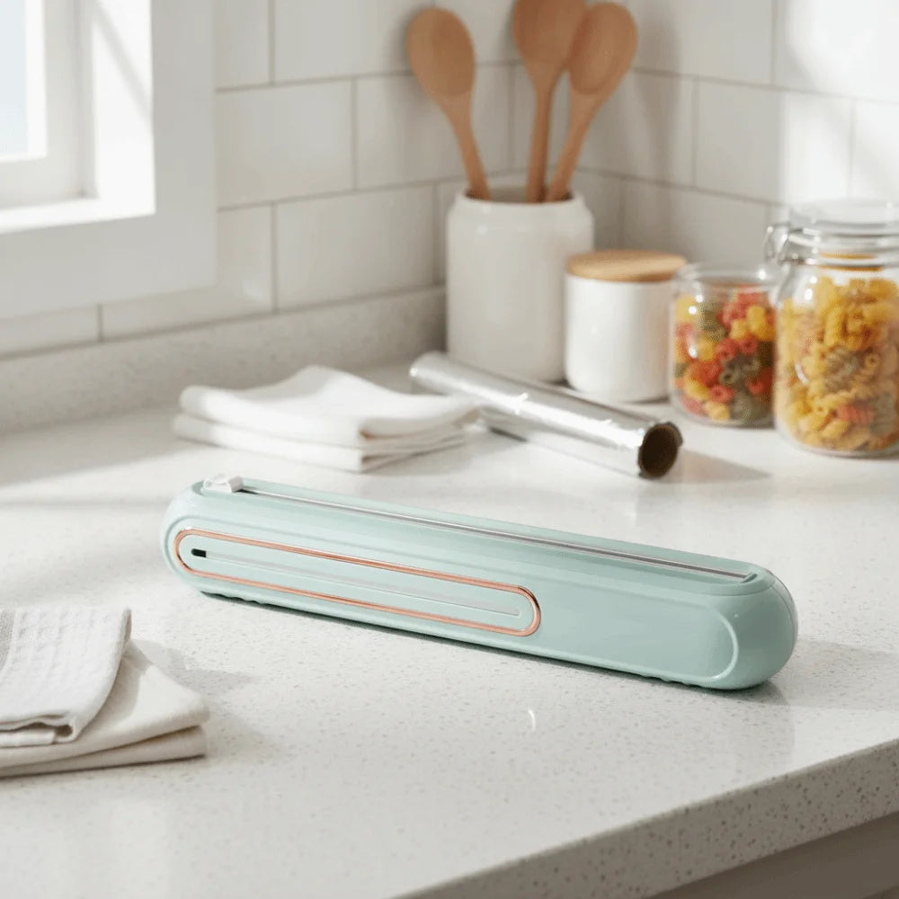 Wall-mounted Magnetic Cling Film Cutting Box Refillable Two-way Sliding Cutter Tin Aluminum Foil Dispenser Viewable Window Vue