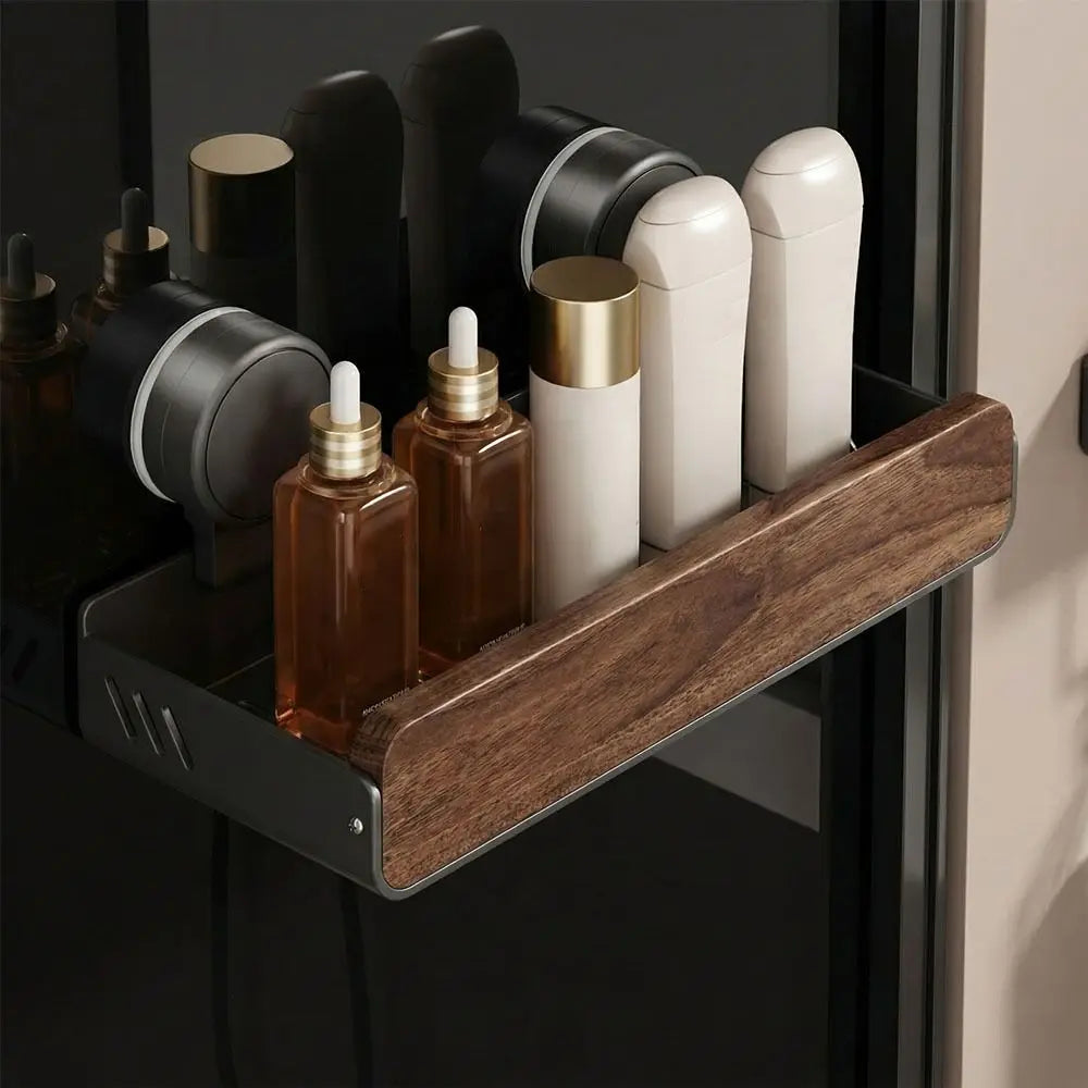 Mid-Century Modern Bathroom Shelf Walnut Finish Space Saving Bathroom Storage Rack Suction Cup Strong Grip Vue