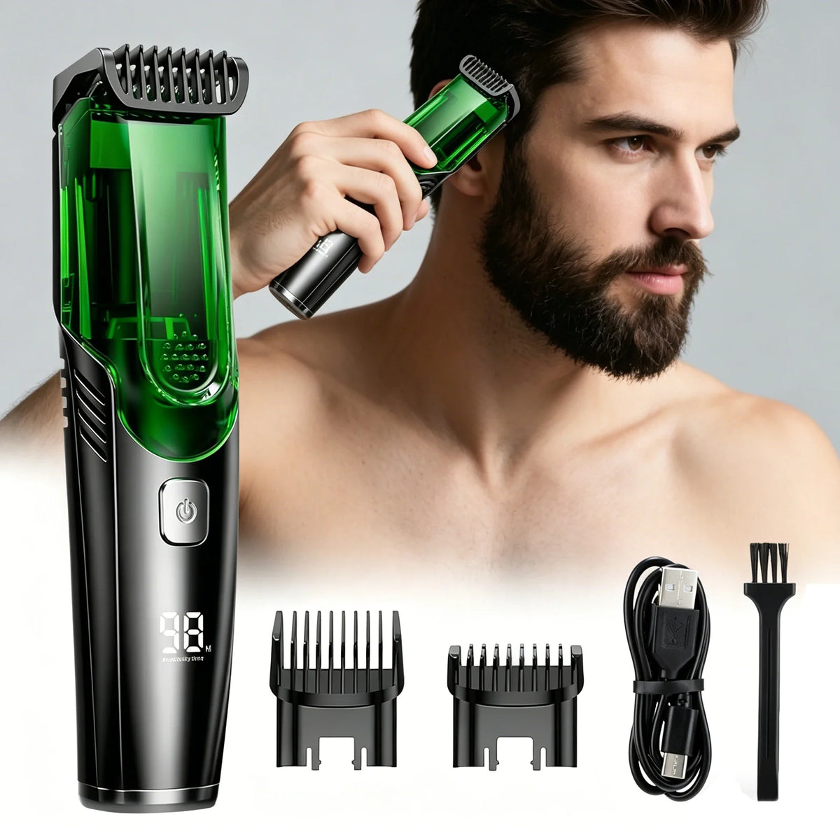 Cordless Electric Hair Trimmer IPX6 Waterproof Professional Hair Cutting Mustache Sideburn Men Razor Built-in Vacuum Clipper USB Vue