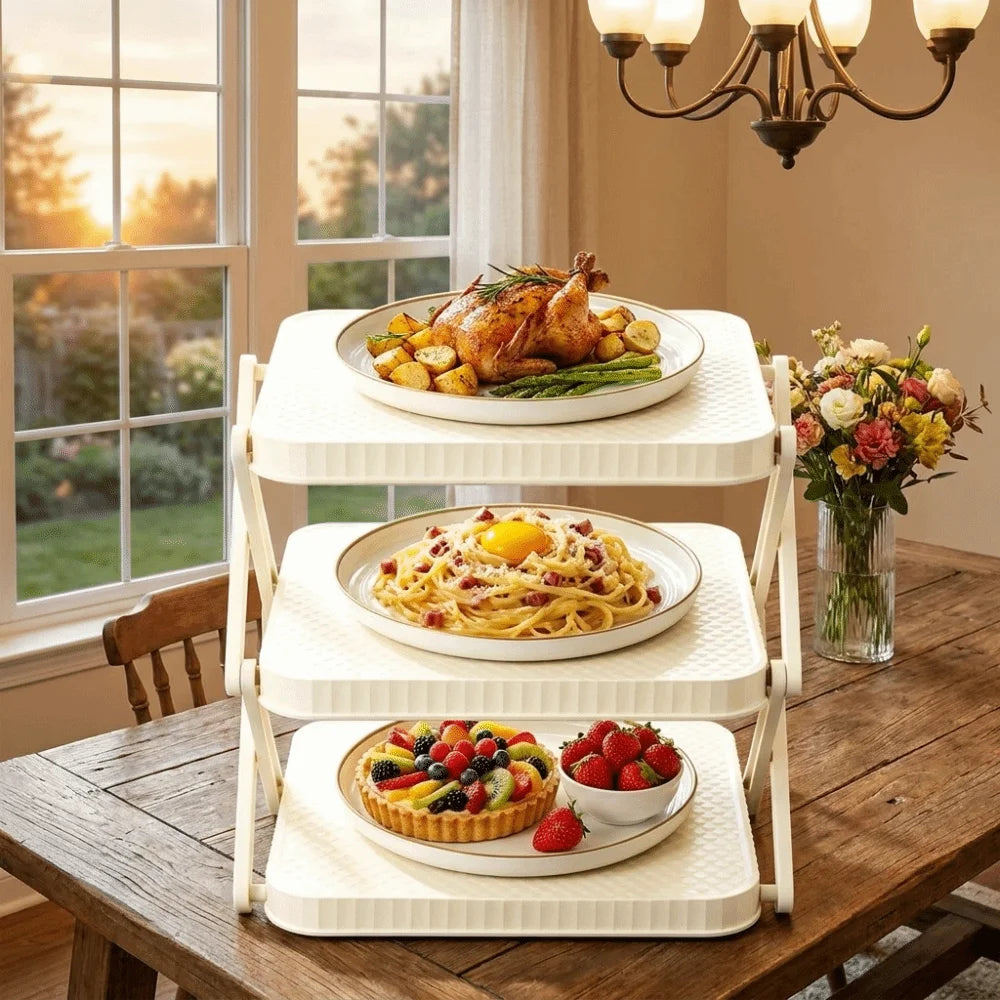 3-Layer Foldable Tray Rack Space Saving Multi-functional Dish Storage Stand Durable Collapsible Prep Tray Rack Meal Prep Vue