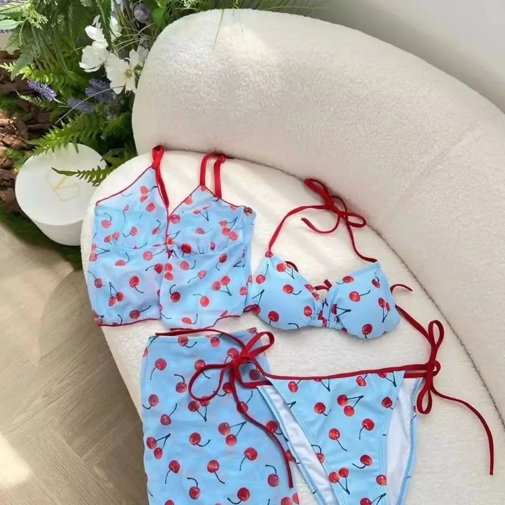 Pure Desire Pure Color Cherry Bikini Set V Neck Push Up Four Piece Set Wrap Skirt Print Pattern Sexy Swimwear Korean Style Vue