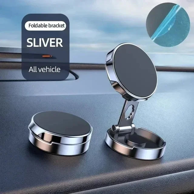 Car Mobile Phone Stand 720 Degree Rotation Metal Magnetic Suction Foldable Round Bracket Support for Universal Phones Holder Vue Silver