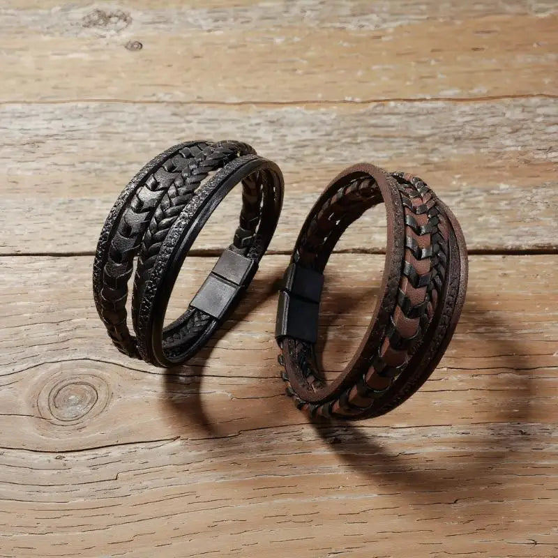 Trendy Men's Accessories Alloy Magnetic Buckle Multi Layer Retro Leather Rope Braided Bracelet Bracelet Fashion Dressing Vue