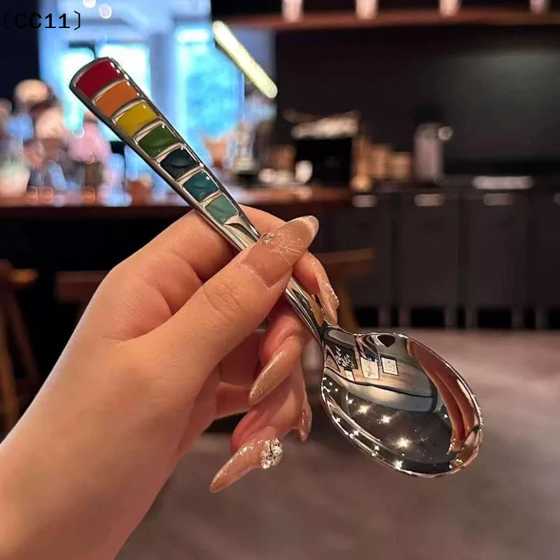 2Pcs Macaron-Colored Stainless Steel Dessert Spoons High-Aesthetic Colorful Enamel Spoons For Home Kids Picnics & Bento〔CC11〕 Vue