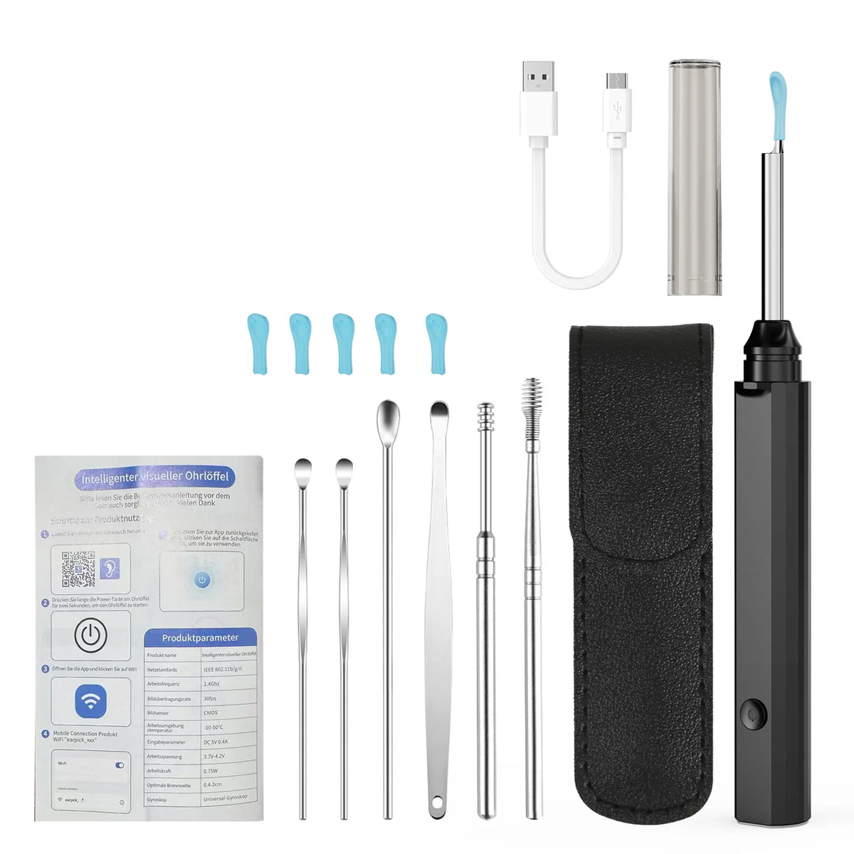 LED-lit ear pick ear cleaner, safe earwax removal endoscope suitable for the whole family to check ears and nose Vue black