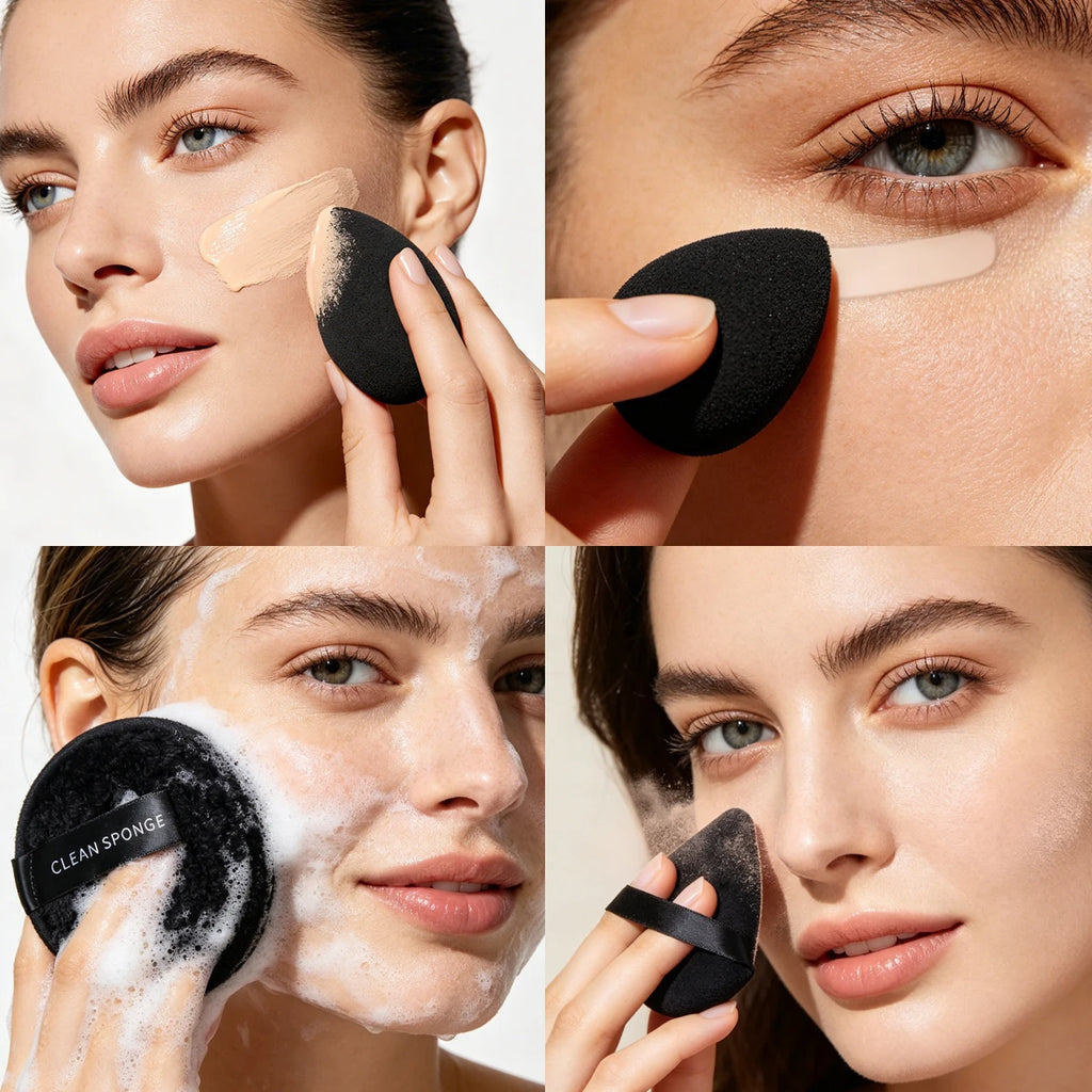 6Pcs Multifunctional Black Makeup Sponge Set Teardrop Beauty Egg Triangle Makeup Puff Reusable Clean Sponge With Green Storage B Vue