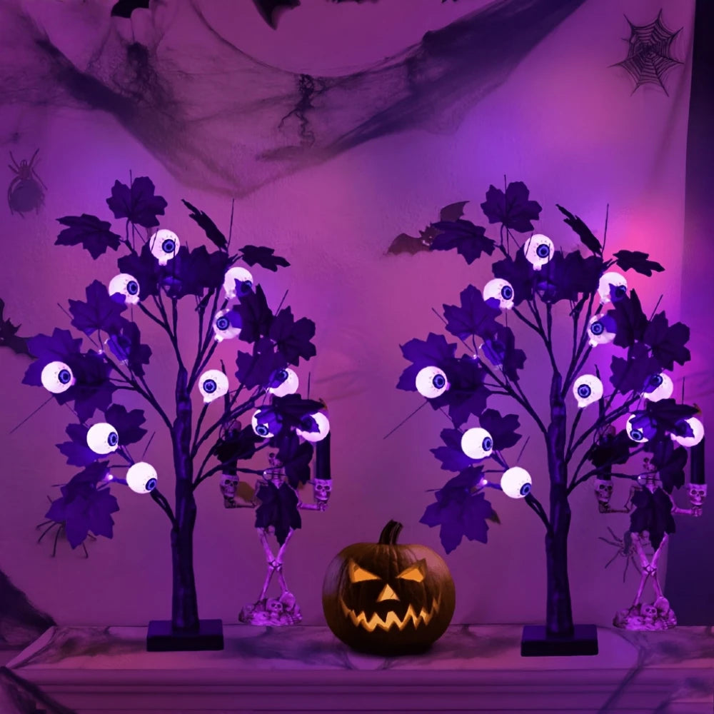 Halloween Eyeball Tree LED Light, Tabletop Tree with Black Leaves for Indoor Halloween Party, Home, and Haunted House Decoration Vue