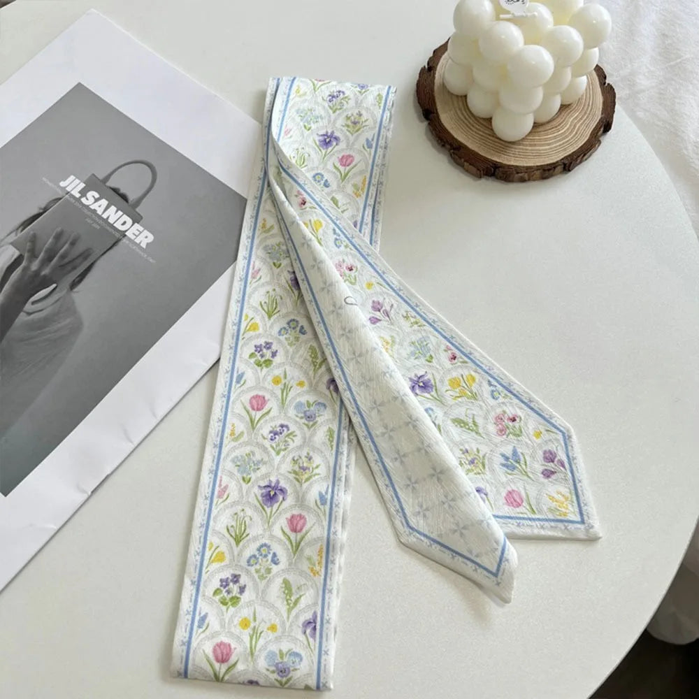 Versatile Fresh Floral Satin Silk Ribbon Scarf Women Summer Long Thin Vue 07
