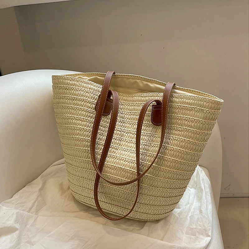Women Braided Basket Clutches Top-handle Bag Large Straw Portable
