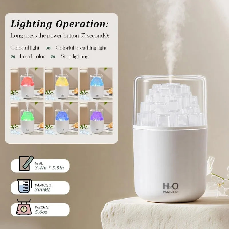 Portable Mist Humidifier with Colorful Light USB Desktop Humidifiers 2 Cool Spray Modes 300ml for Bedroom Office Car Travel Vue
