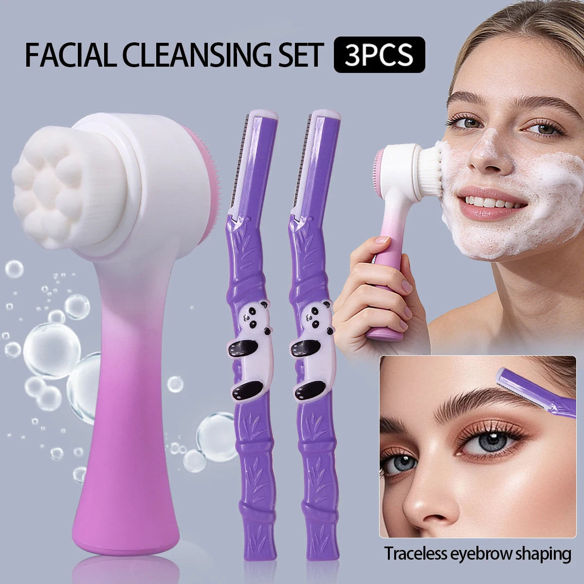 Hot Sale 3PCS Multifunctional Facial Cleansing & Eyebrow Trimmer Kit, Purple Panda Handle Dermaplaner + Double-Sided Brush for S Vue PURPLE