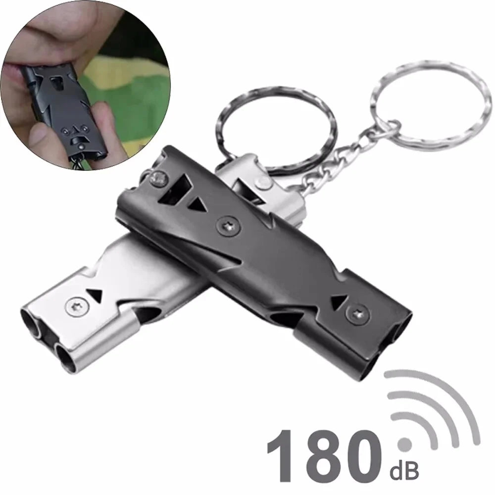 High Decibel Whistle Keychain Stainless Steel Double Pipe Camping Hiking Emergency Survival Whistle Portable Outdoors Tools Vue
