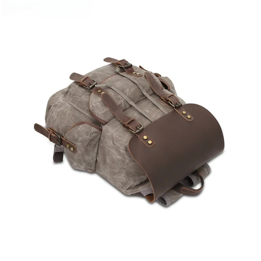 Leather Oil Wax Canvas Backpack Retro Mad Horse Leather Men's Bag Tide Outdoor Travel Large Capacity Backpack Wear-resistant Vue