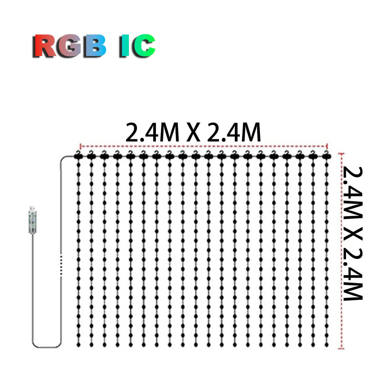 Smart Curtain Lights RGB IC 400LEDs DIY Graphic Display Suitable for Christmas Curtain Decorative Light Strings Vue 2.4M X 2.4M 256LEDs USB