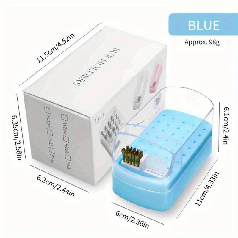 2 in 1 Nail Drill Bits Storage Box 30 Holes with Cleanning Brush Manicure Salon Grinding Head Holder Display Nail Art Accessory Vue Blue