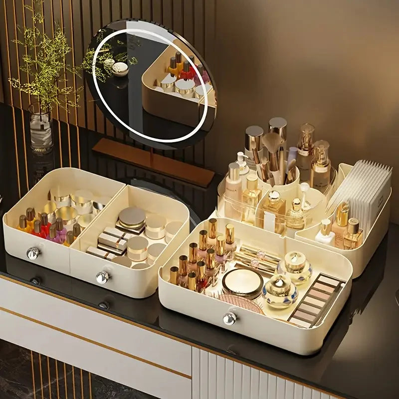 3 Tier Large Capacity Makeup Organizer with Drawer and Rolating Makeup Brushes Holer Desktop Cosmetic Tools Lipstick Storage Box Vue