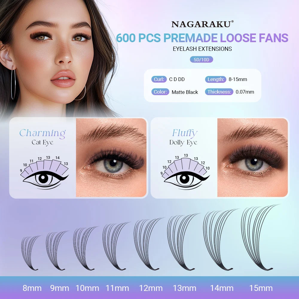 NAGARAKU 600 fans 5D 10D Point Base and Narrow Premade Fans False Eyelash Professional Cosmetic Fake Eyelash Extensions Soft Vue