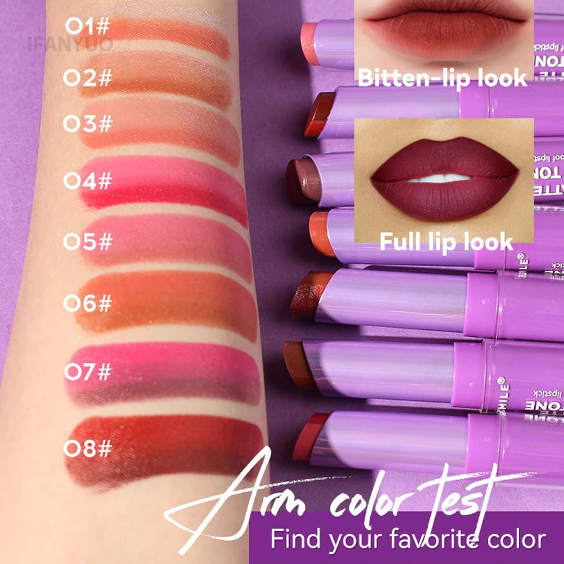 Rose Pink Gradient Lipstick Waterproof 18HR Wear Two Tone Matte Pearly Lip Liner Nude Brown Moisturizing Non-stick Cup Lip Gloss Vue