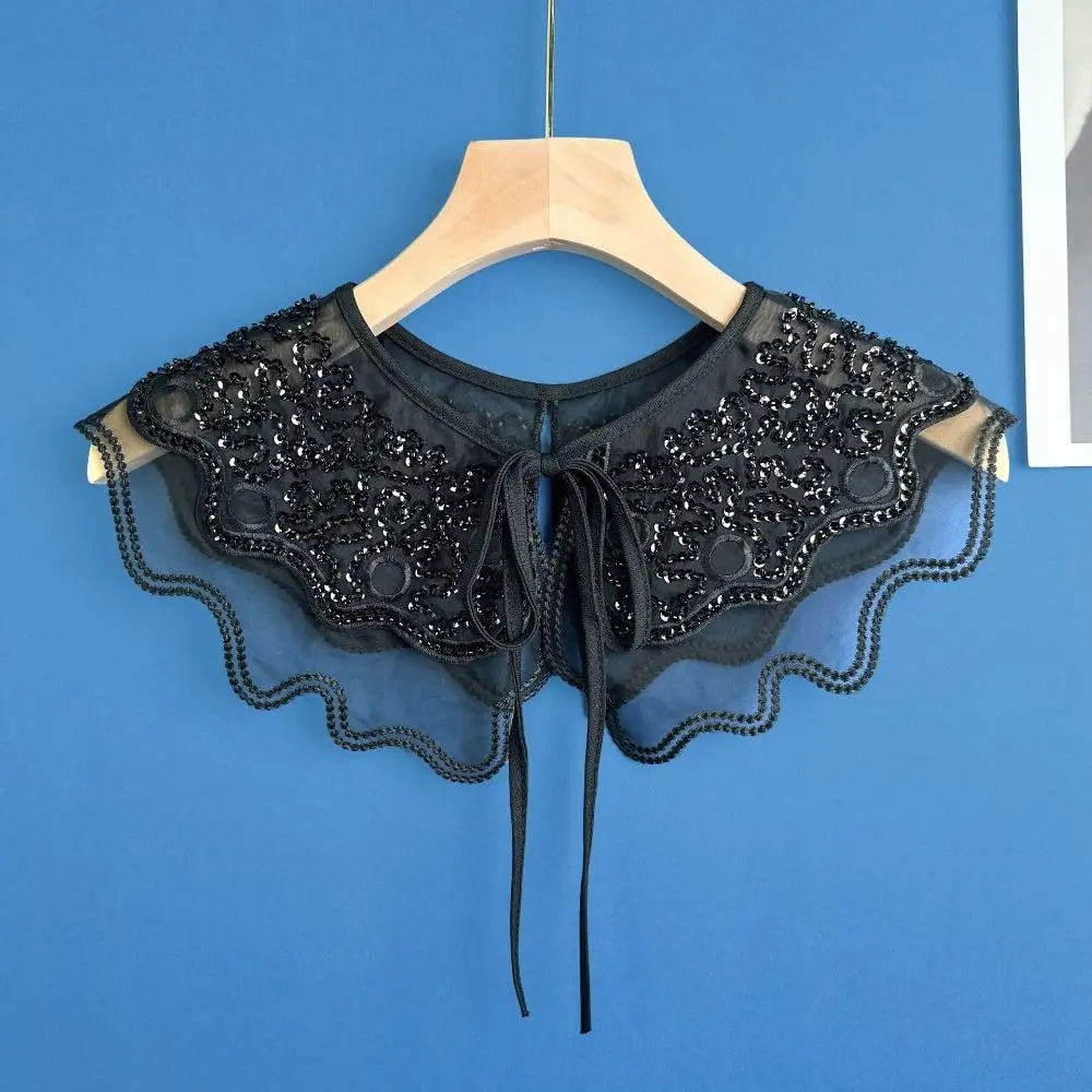 Double Fake Collar Dress Blouse Decor Front Placket Lace Up Shawl Vue Black