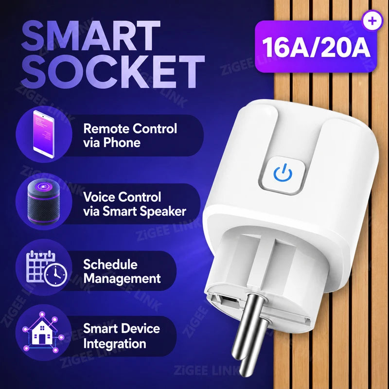 Smart Socket EU Plug WIFI or Zigbee16A/20A With Power Monitor Timing Voice Control Work with Tuya Alexa Google Home Alice Vue