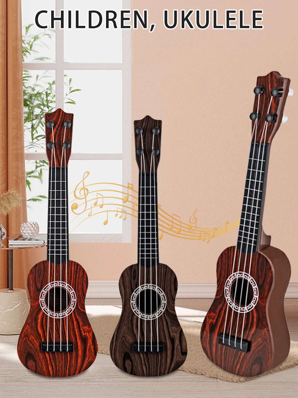 Toy Ukulele Classical Guitar Musical Instrument, Kids Play Early Educational Learning, Adjustable Atrings with Paddles 2 Colors Vue