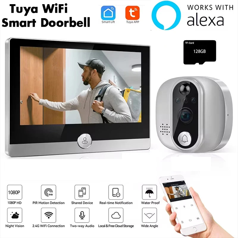 Tuya Video Doorbell 1080P WiFi Peephole Camera Door Bell PIR Cat Eye 4.3 Inch Home Digital Door Viewer for Security Protection Vue