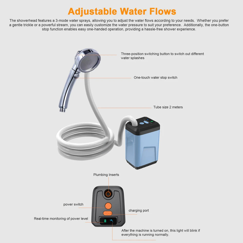 Portable Camping Shower Outdoor Electric Shower Pump Rechargeable Battery Powered Shower Waterproof Support 3 Water Modes for Vue