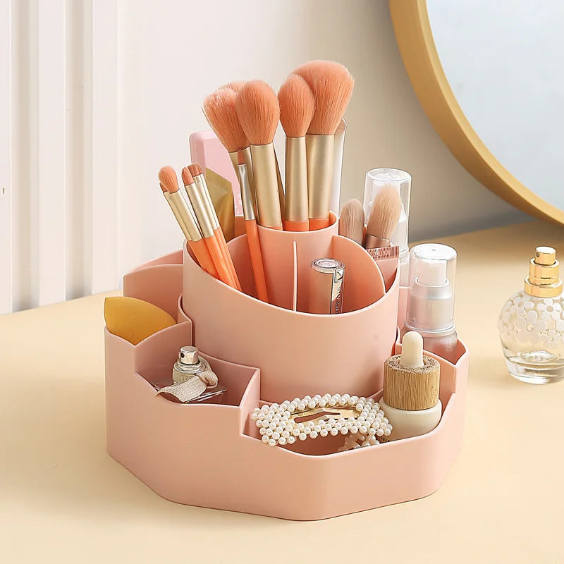 360 Degree Rotating Makeup Brushes Organizer with 13 Compartment Detachable 2 in 1 Spinning Makeup Brush Lip Gloss Organizer Box Vue 2 in 1-Pink
