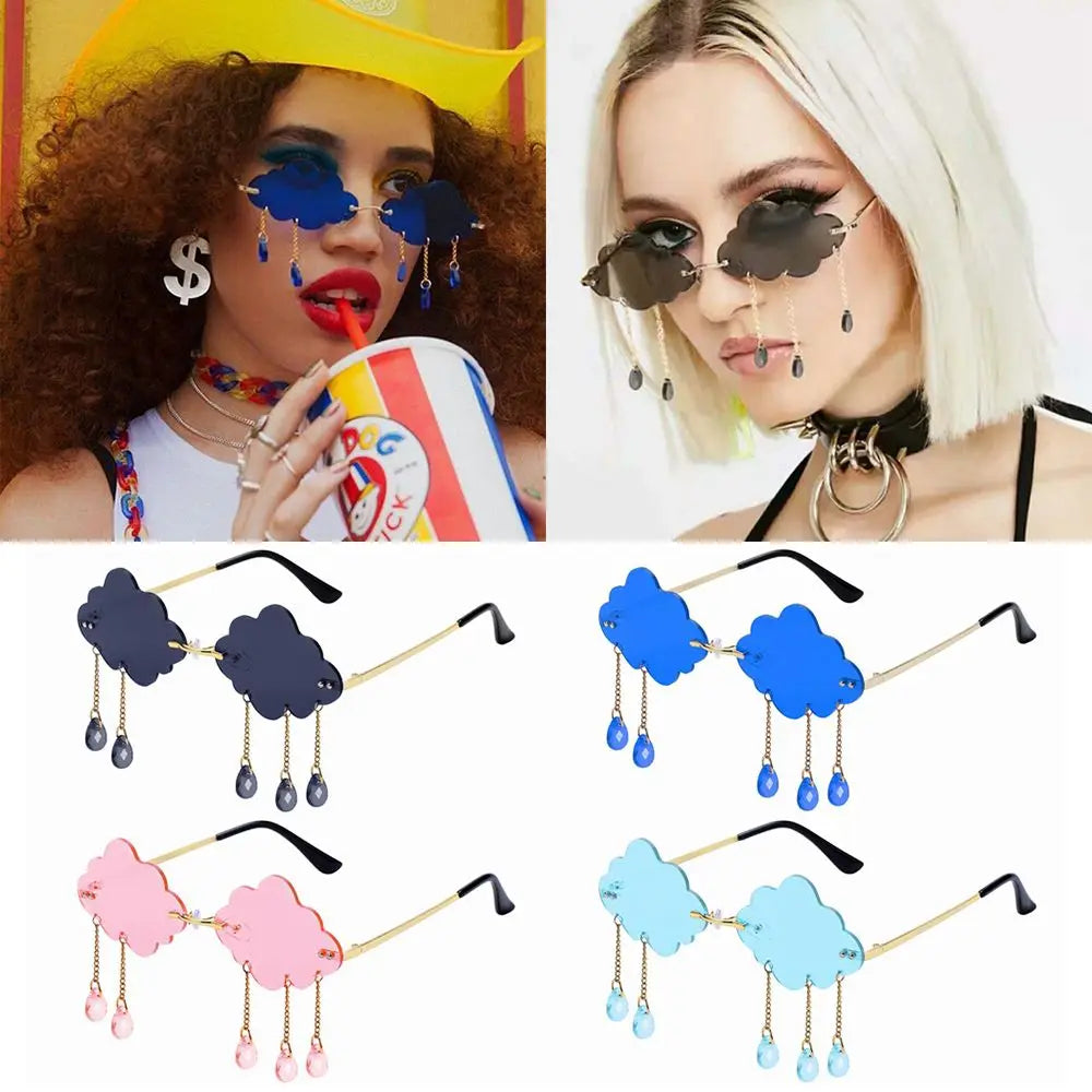 Men Women Shades UV400 Rimless Sunglasses Disco Glasses Clouds Tassel