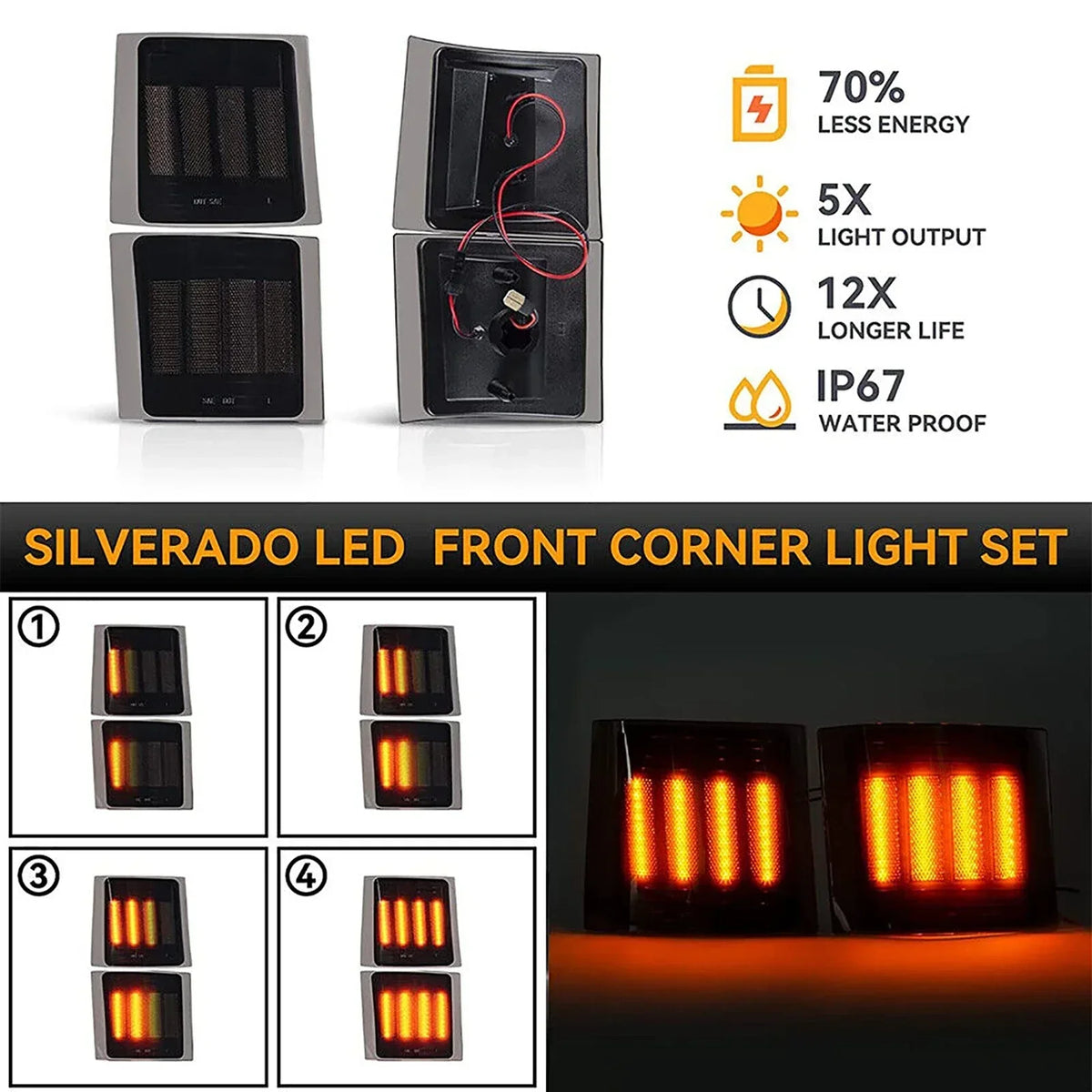 LED Car Front Corner Side Marker Light Side Marker Turn Signal Lights for Chevrolet C/K 1500 2500 3500 1994-1998 Vue