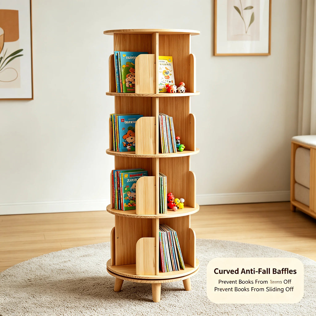 4-Tier Rotating Bookcase | 360° Spin | Solid Pine Wood Storage Rotating Bookcase Vue