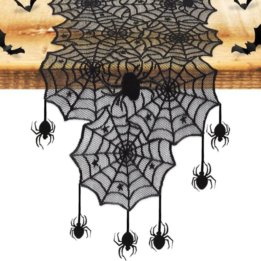 Translucent Spider Web Black Lace Table Runner with Spider Pendant Long Strip Halloween Table Cover Mesh Gothic Lace Tablecloth Vue