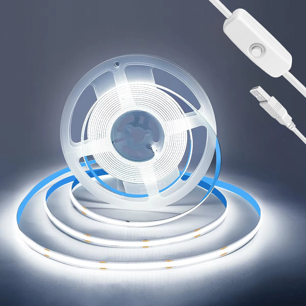 COB LED Light Strip Waterproof Flexible LED Tape with Button Switch for Room TV Mirror Backlight Cabinet Adhesive Light Vue Cold White 2m