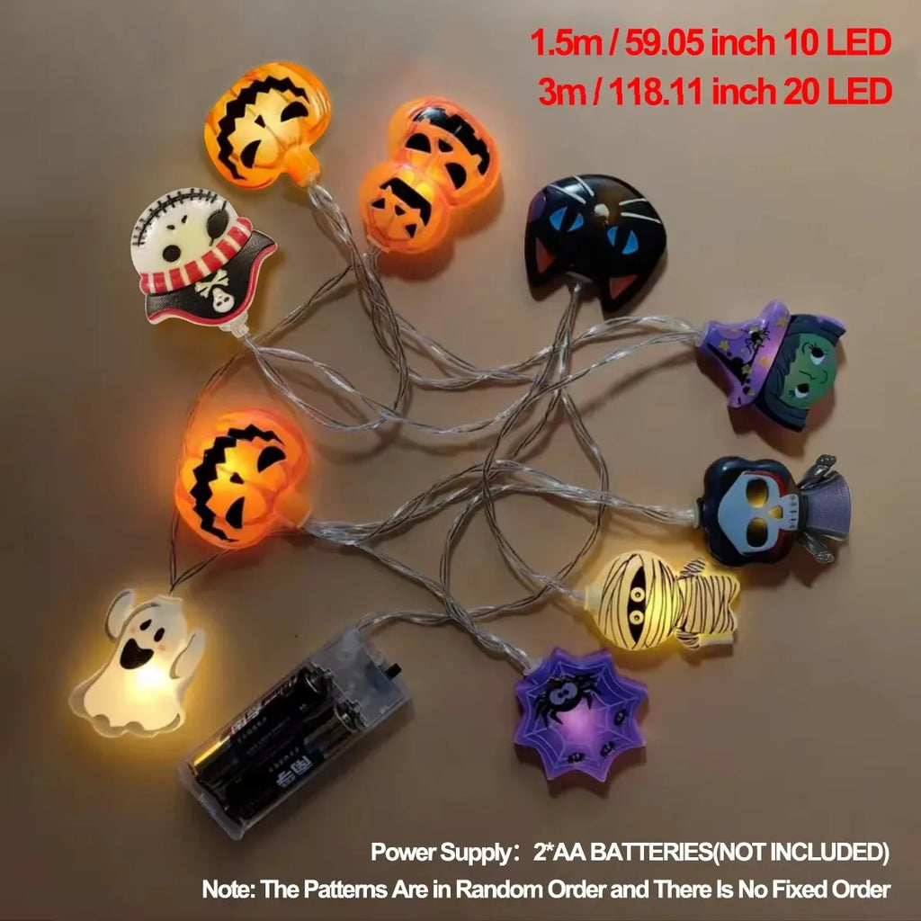 Halloween 1.5m/3m LED Battery Powered String Lights With Ghost Witch Cat Pumpkin Spider Web Skeleton Mummy Pirate Shape Indoor Vue