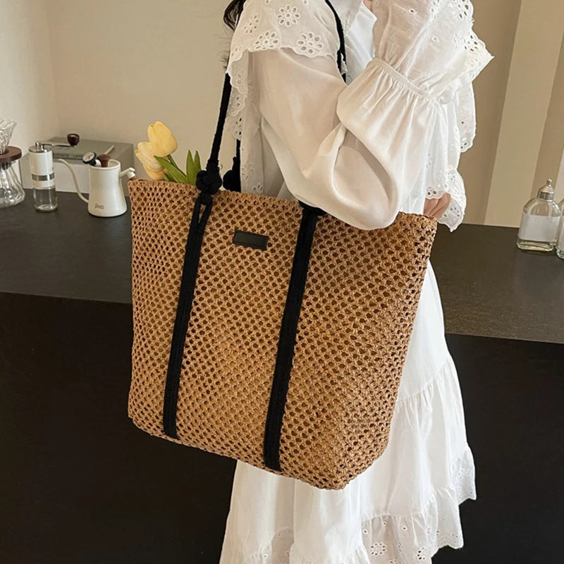Summer Woven Straw Tote Bag Casual Beach Vacation Women Shoulder Bags